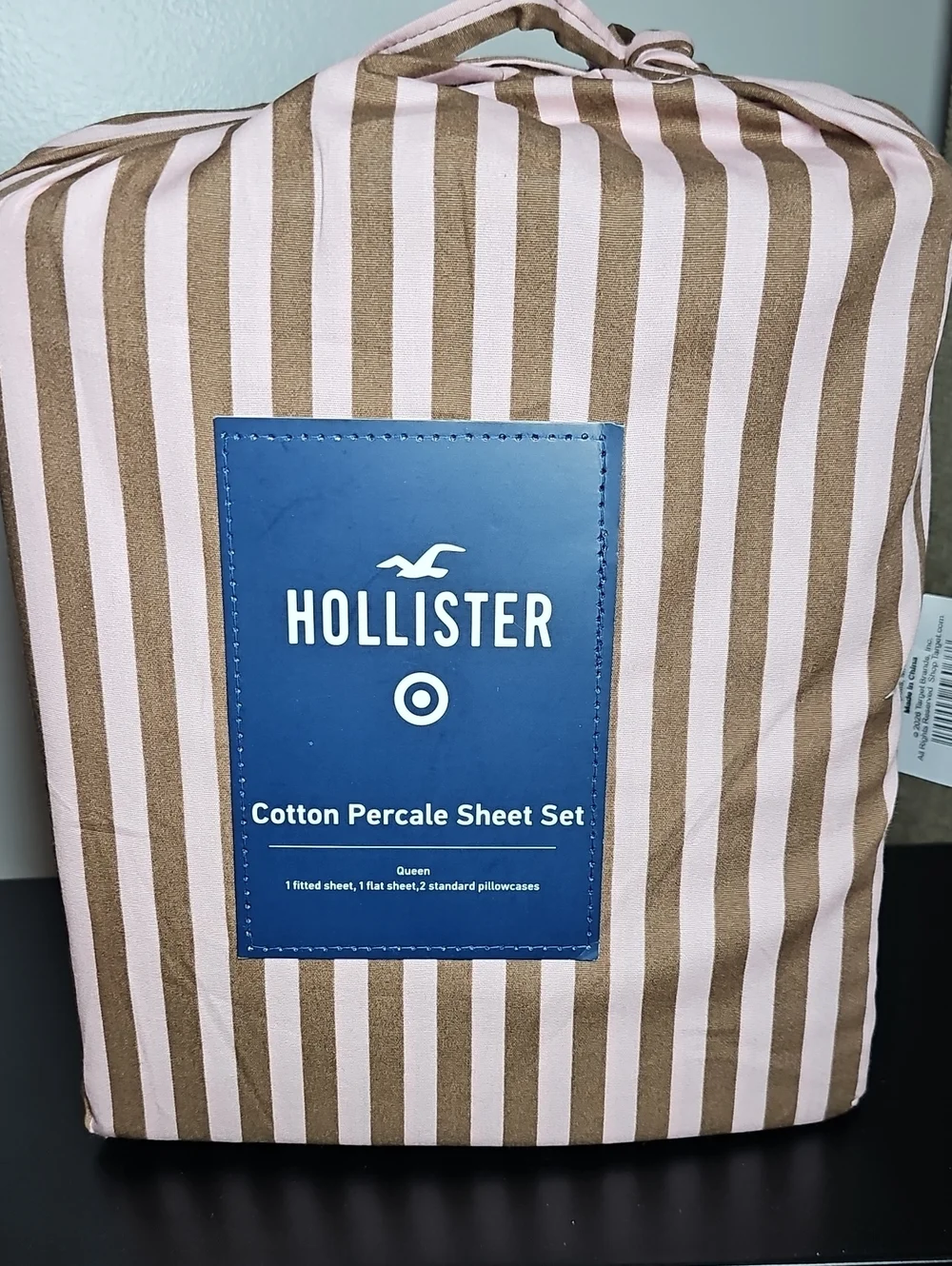 QUEEN Hollister Target Percale 4pc Sheet Set Pink Brown Stripe NEW IN PACKAGE